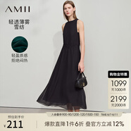 AMII2025夏新款極簡木耳邊領(lǐng)口長款寬松可調(diào)腰繩雪紡無袖連衣裙 黑色 XL