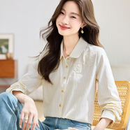 思梵蓓2025秋裝新款豎條紋長(cháng)袖襯衫女時(shí)尚寬松休閑法式韓國刺繡上衣 圖片色 M （建議95斤-105斤）