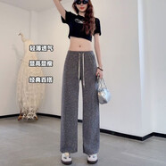 寶娜斯（BONAS）窄版闊腿褲女韓版高腰寬松法棍呢絨直筒褲抽繩垂感褲拖地褲 淺灰色節(jié)節(jié)高 常規(guī)款1條 均碼 適合80-140