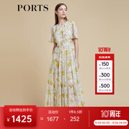 PORTS寶姿商場同款2022春夏新款女裝“絢爛夏花”印花連衣長裙 亞麻淺金印花 M (6)