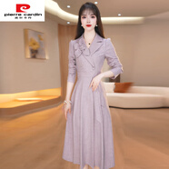 皮爾卡丹西裝領(lǐng)連衣裙女秋季2025新款收腰系帶職業(yè)裝高端中長(cháng)款a字裙 圖片色 M