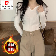 皮爾卡丹大碼女裝加絨加厚v領(lǐng)黑色針織打底衫秋冬季顯瘦內搭毛衣短款上衣 白色 【高端輕奢小眾炸街歐 加絨 3XL 【歐洲站歐貨潮】