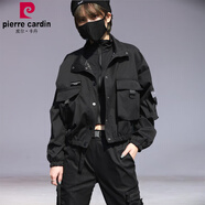 皮爾卡丹（pierre cardin）加棉加厚外套女士秋冬歐美個(gè)性立領(lǐng)夾克潮酷工裝短外套女寬松上衣 黑色夾克 M