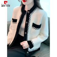 皮爾卡丹（pierre cardin）花呢風(fēng)格對比色貂絨開(kāi)衫短外套秋冬新款高端淑女外衫 白色 S