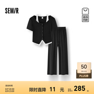 Semir[商場同款]套裝女假兩件短上衣直筒長褲2025秋新款黑色兩件套 黑色90001 S