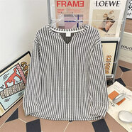 嘉曄（JIAYE）小香風(fēng)魚(yú)骨紋V領(lǐng)長(cháng)袖T恤男款秋季美式cleanfit黑白條紋打底衫 白色 M