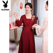 花花公子（PLAYBOY）高端喜婆婆婚宴連衣裙女秋冬季長(cháng)袖中年媽媽裝修身顯瘦遮肚中長(cháng)裙 長(cháng)袖黑紅色-旗艦款 L