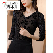 啄木鳥(niǎo)（TUCANO）秋冬長(cháng)袖網(wǎng)紗打底衫女秋季2025新款女裝燒花絲絨內搭秋款V領(lǐng)上衣 喇叭花 L (100-115斤)