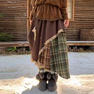 森女部落日系套頭高領(lǐng)琥珀流光古著(zhù)感復古針織衫女新款長(cháng)袖毛衣秋 棕色半身裙 S 模特碼