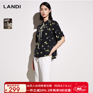 LANDI【桑蠶絲】五分袖印花真絲襯衫女夏季新款飄帶碎花上衣 花色 M