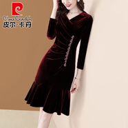 皮爾卡丹（pierre cardin）2025秋冬釘珠顯瘦魚(yú)尾裙長(cháng)袖褶皺遮肚顯瘦V領(lǐng)收腰高端絲絨連衣裙 凡698-酒紅色 M 適合(80-100斤)