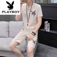 花花公子（PLAYBOY）夏季風(fēng)亞麻套裝男漢服棉麻短袖t恤唐裝古裝v風(fēng)刺繡兩件套 920佛 杏色(上衣 ＋短褲) M 85-105斤