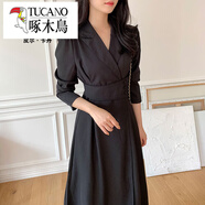 啄木鳥(niǎo)（TUCANO）西裝式連衣裙女韓國chic秋季法式設計感翻領(lǐng)別致收腰顯瘦過(guò)膝長(cháng)款 黑色 均碼
