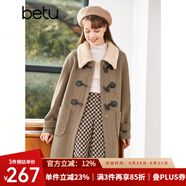 betu百圖女裝冬季新款毛呢外套牛角扣翻領(lǐng)中長(cháng)款毛呢大衣女2210T91 摩卡色 XS
