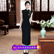 綠色新中式國風(fēng)旗袍刺繡氣質(zhì)女人味十足2025年新款優(yōu)雅連衣裙長款 SC22111黑色 S