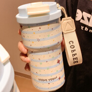 暢印高顏值星星咖啡杯吸管保溫杯女生可愛(ài)不銹鋼大容量水杯子2025新款 藍色星空 600ml