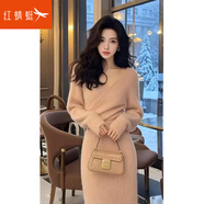 紅蜻蜓（RED DRAGONFLY）小香風(fēng)氣質(zhì)V領(lǐng)交叉針織連衣裙女裝2025秋冬新款法式絕美毛衣裙子 杏色 均碼 建議80-130斤