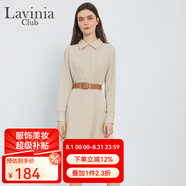 Lavinia Club\/拉維妮婭簡約氣質(zhì)翻領(lǐng)純色高腰不對(duì)稱捏褶高腰襯衫長款連衣裙 米色 S (160)