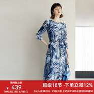顏域圓領(lǐng)七分袖連衣裙春裝女2024年新款中長款連身裙時尚氣質(zhì)裙子 藍(lán)花 2XL