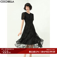 COCOBELLA重工鏤空刺繡蕾絲連衣裙名媛風(fēng)不對稱A字長裙FR179 黑色 L
