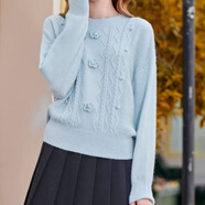 SATCHI歐美甜美寬松花朵繡花圓領(lǐng)毛衣溫柔感針織衫上衣立體扭花女裝 藍(lán)色 均碼 【80-120斤】