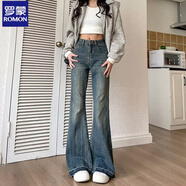 羅蒙復古牛仔褲女新款高腰彈力顯瘦流蘇毛邊喇叭褲氣質(zhì)修身小個(gè)子 308復古藍 2XL 建議128-145斤