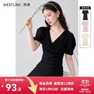西遇V領(lǐng)泡泡袖連衣裙女2025年早夏新款法式褶皺收腰修身包臀裙子 黑色 M