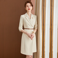 阿瑪施（AMASS）哥弟適用2025新款白色西裝連衣裙女春秋氣質(zhì)職業(yè)裙子工作服高端朗 米白色七分袖連衣裙 M