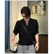 稻風(fēng)/Caimr白色綁帶小眾設計感短袖男模夏美式提花薄款透氣t恤痞 黑色【品牌升級版面料】 S