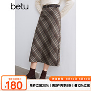 百圖betu女裝冬季新款半身裙直筒復(fù)古格紋百搭顯瘦裙子女2410D04 咖格 M