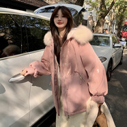胖mm黑色大毛領派克服女中長款拼接加絨兔毛內(nèi)膽大碼女裝顯瘦外套 粉紅色 L建議130-150斤 均碼