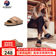 AU&MU春夏季牛皮勃肯鞋一字拖外穿男女士涼拖鞋軟木厚底懶人鞋一腳蹬 G986栗色-男女款【絨面牛皮】 38
