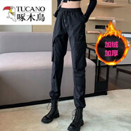 啄木鳥（TUCANO）ins工裝褲男女潮秋冬季韓版寬松學(xué)生原宿風(fēng)闊腿褲多口袋休閑褲子 加絨 黑色 K912 高質(zhì)量 加厚 S