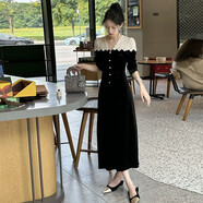 小紅書(shū)法式復古收腰顯瘦長(cháng)裙女2025新款時(shí)尚蕾絲拼接開(kāi)叉連衣裙 黑色 S 100以下