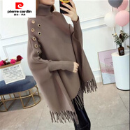 皮爾卡丹（pierre cardin）高領(lǐng)斗篷毛衣女秋冬韓版新款套頭披肩式蝙蝠袖流蘇寬松針織冬外套 卡其色 M (95-105斤)