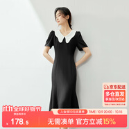 尚都比拉復(fù)古優(yōu)雅女神范連衣裙女夏季V領(lǐng)修身收腰中長裙 黑配白 S 
