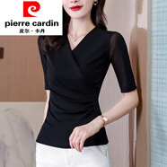 皮爾卡丹高端網(wǎng)紗上衣2025新款中袖t恤女士收腰交叉v領(lǐng)打底衫洋氣修身小衫 黑色【6606中袖】 M