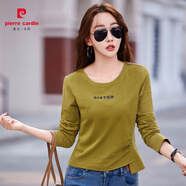 皮爾卡丹早春秋褶皺長(cháng)袖打底衫女2025新款下擺不規則t恤內搭含棉短款T上衣 芥黃色 S 建議96斤以下