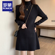 羅蒙（ROMON）半高領(lǐng)打底毛衣裙女春秋大碼胖妹妹顯瘦遮肚子內(nèi)搭長(zhǎng)袖針織連衣裙 黑色針織裙【今年流行漂亮/超洋 M 【建議80-100斤】