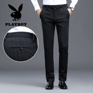 花花公子（PLAYBOY）男士高端品牌休閑褲男豎條紋厚款商務(wù)西褲秋冬季直筒垂墜感男褲彈 黑 色 29 (2尺2)