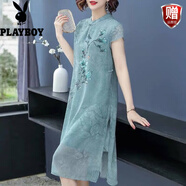 花花公子（PLAYBOY）大碼民族風(fēng)連衣裙旗袍改良版夏季年輕款媽媽中老年闊太太雪紡裙子 綠色 L 90-100