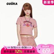 古由卡（GUUKA）潮牌t恤女裝夏季新款短袖上衣女半截袖圓領(lǐng)修身顯瘦露腰愛心印花 粉色 S