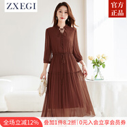 ZXEGI高端純色真絲順紆女士高端連衣裙女法式2025年夏新款蠶絲裙子中 焦糖色 M