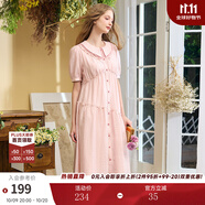 兩三事 停在云邊2.0 2025夏季新款甜美鏤空蕾絲拼接荷葉邊連衣裙 粉色 M
