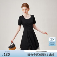 范思藍(lán)恩夏季連衣裙黑色氣質(zhì)收腰拼接小黑裙女新款方領(lǐng)紗裙a字連衣裙女裝 黑色 L