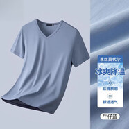 南極人EPTWOVES）冰絲莫代爾棉短袖T恤男v領(lǐng)夏季薄款速干純色半袖上衣 霧藍(lán) 【短V】 XS 【60斤左右】