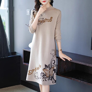 皮爾卡丹（pierre cardin）高端配大衣的內搭毛線(xiàn)連衣裙女中長(cháng)款秋冬毛衣裙厚過(guò)膝時(shí)尚打底 米色 3XL