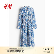 H&M女裝花卉連衣裙秋季優(yōu)雅氣質系帶V領長袖中長襯衫連身裙1236832 白色/藍色花卉 160/88 S