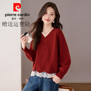 皮爾卡丹（pierre cardin）品牌女裝蕾絲花邊下擺寬松毛衣女冬季新款高級(jí)感V領(lǐng)內(nèi)搭針織上衣 紅色 M