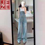 JEZE高腰直筒牛仔背帶褲女春季寬松復古淺藍卷邊韓版工裝學(xué)生連體褲夏 淺藍色背帶褲【z】 M